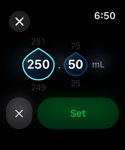 H₂O Timer amount picker showing 250.50 mL dialed in across two connected wheels.