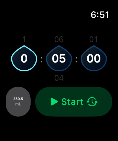 H₂O Timer duration and amount picker on Apple Watch, showing 5 minutes and a 250.5 mL amount set.