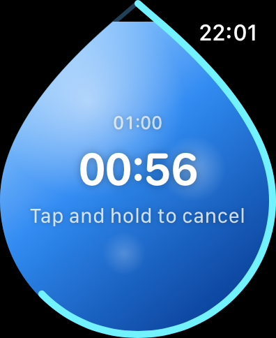H₂O Timer running screen mid-hold, a cyan trace tracing partway around the droplet's outline to cancel.