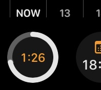 WaterTimer circular complication showing a partially filled progress ring at 1 minute 26 seconds.