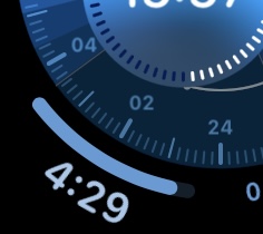 WaterTimer corner complication on a watch face showing 4 minutes 29 seconds remaining.
