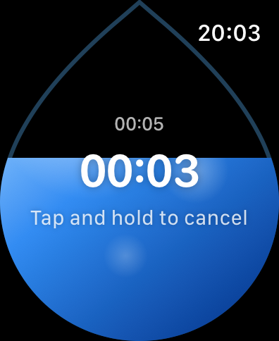 WaterTimer running screen with the droplet nearly empty, 3 seconds remaining.