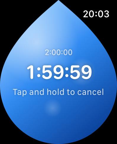 WaterTimer running screen, a full blue droplet showing just under 2 hours remaining.