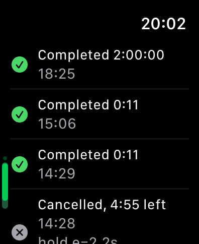 WaterTimer history list showing completed and cancelled timers with timestamps.