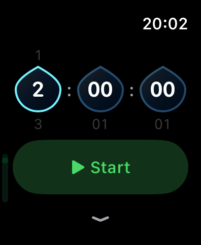 WaterTimer duration picker showing 2 hours selected, with a Start button below.